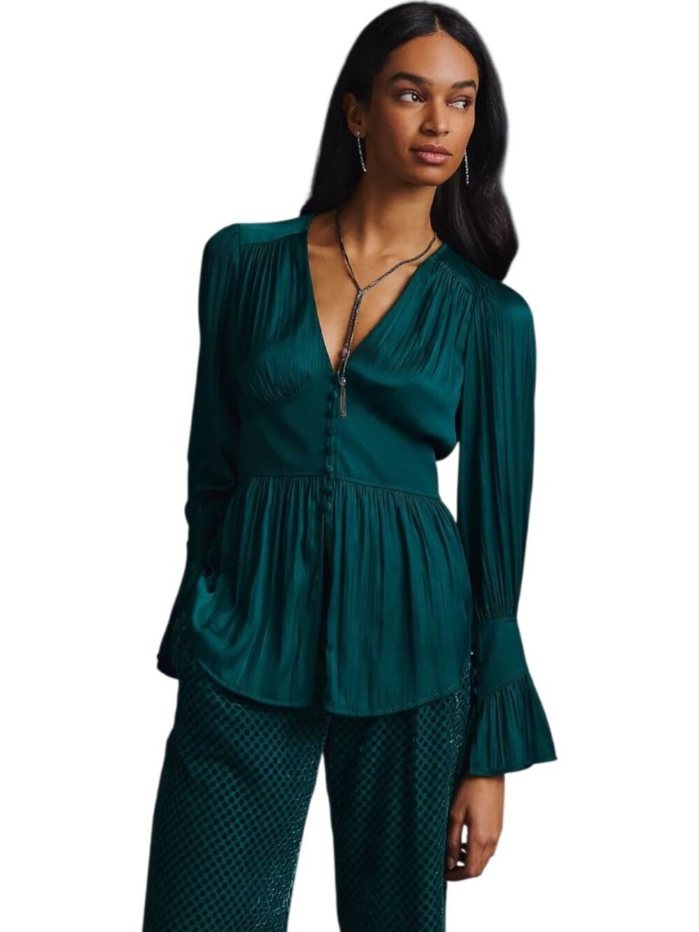 Anthropologie Deep V Tunic Emerald Green Smocked Waist Button Front Top M